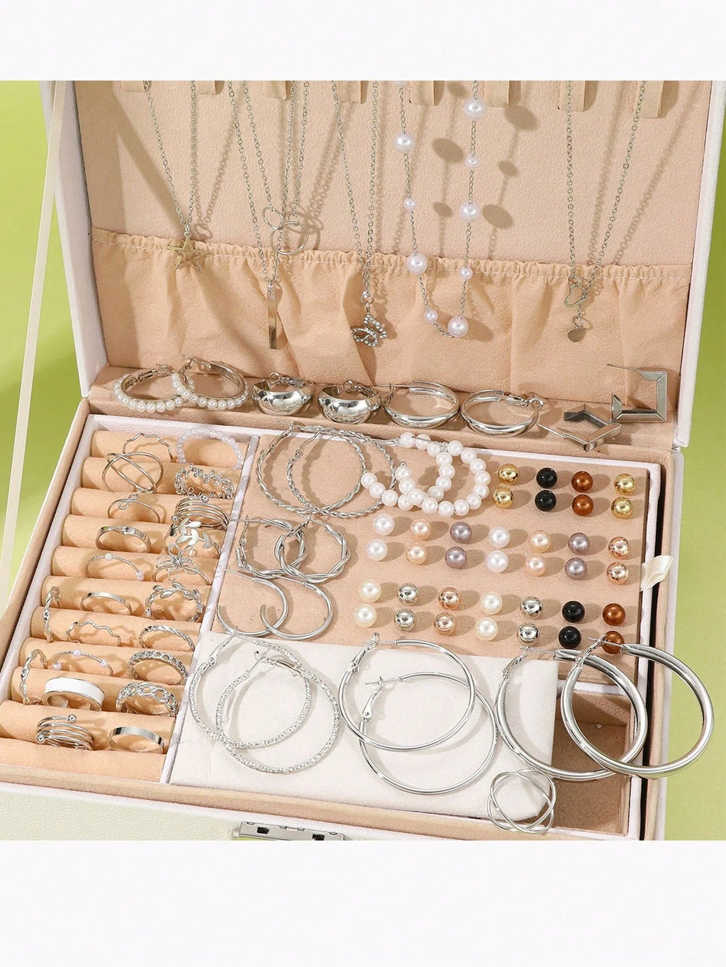 86-teiliges Set elegante Perlenohrringe, mehrlagige Halskette, Ohrstecker, Ringe, 4-in-1-Schmuckset für Damen, tägliches Tragen, Geschenk (keine Box)
