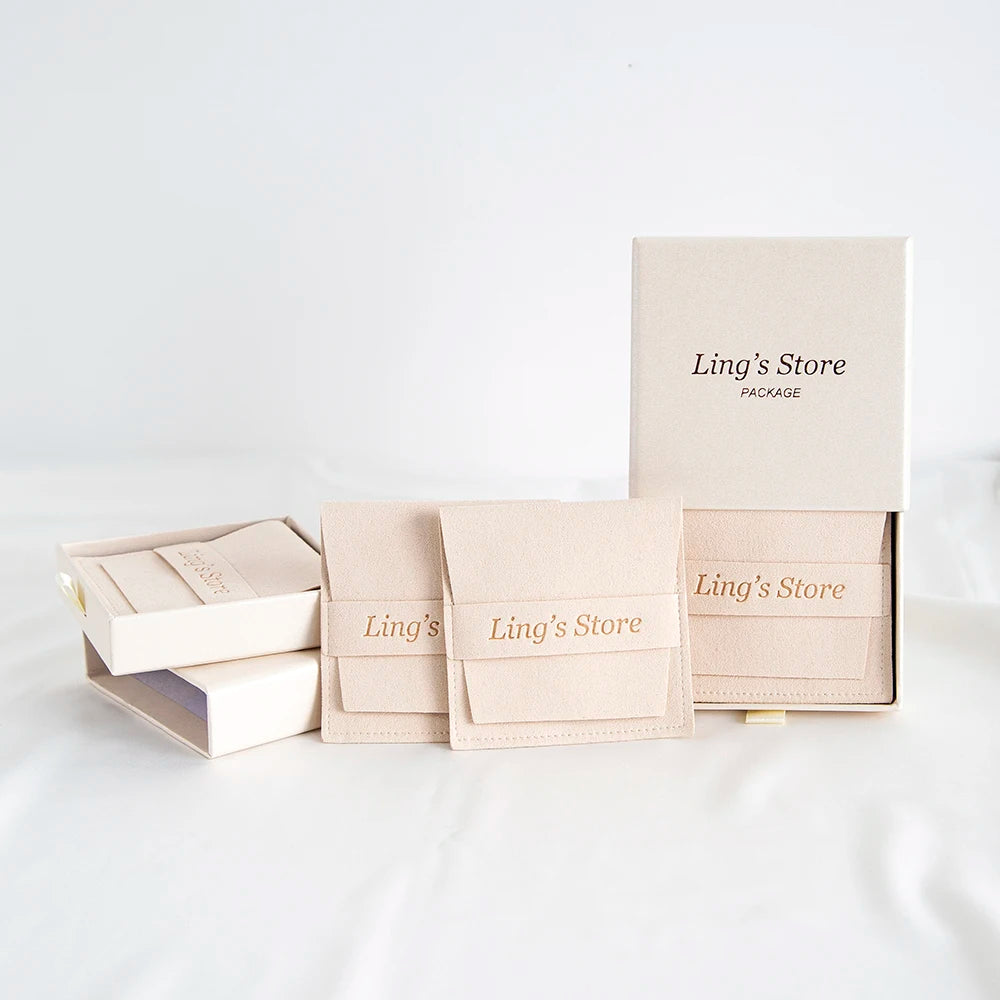 24/50/100Sets Custom Logo 9x9x2.5cm Jewelry Drawer Box 8x8cm Microfiber Strip Bags Can Debossed Logo For Earrings Rings Necklace