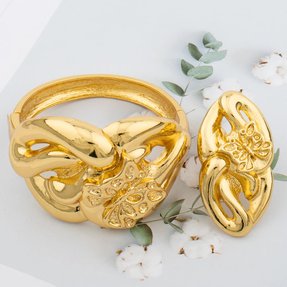 Großer Creolen-Armreif für Damen, Blumen, italienischer Dubai-Goldschmuck, Armband-Ring-Set, luxuriöses Kupfer, modisches Geburtstagsgeschenk