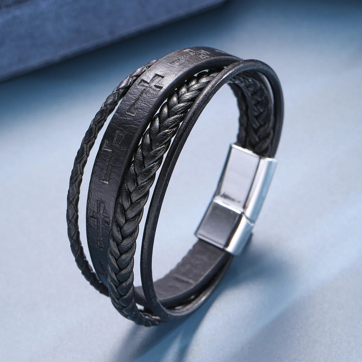 Fashion Kreuz Lederseil Armband für Herren Vintage Geflochtenes Lederarmband Punk Metall Magnetverschluss Persönlichkeit Armband Schmuck