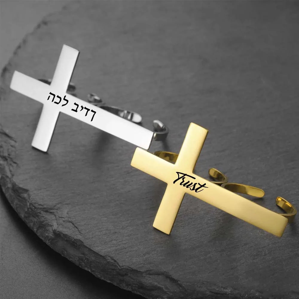 Cross Personalized Name Finger Ring Custom Gift For Woman Men Gold Color Stainless Steel Jesus Christian Amulet Talisman Jewelry