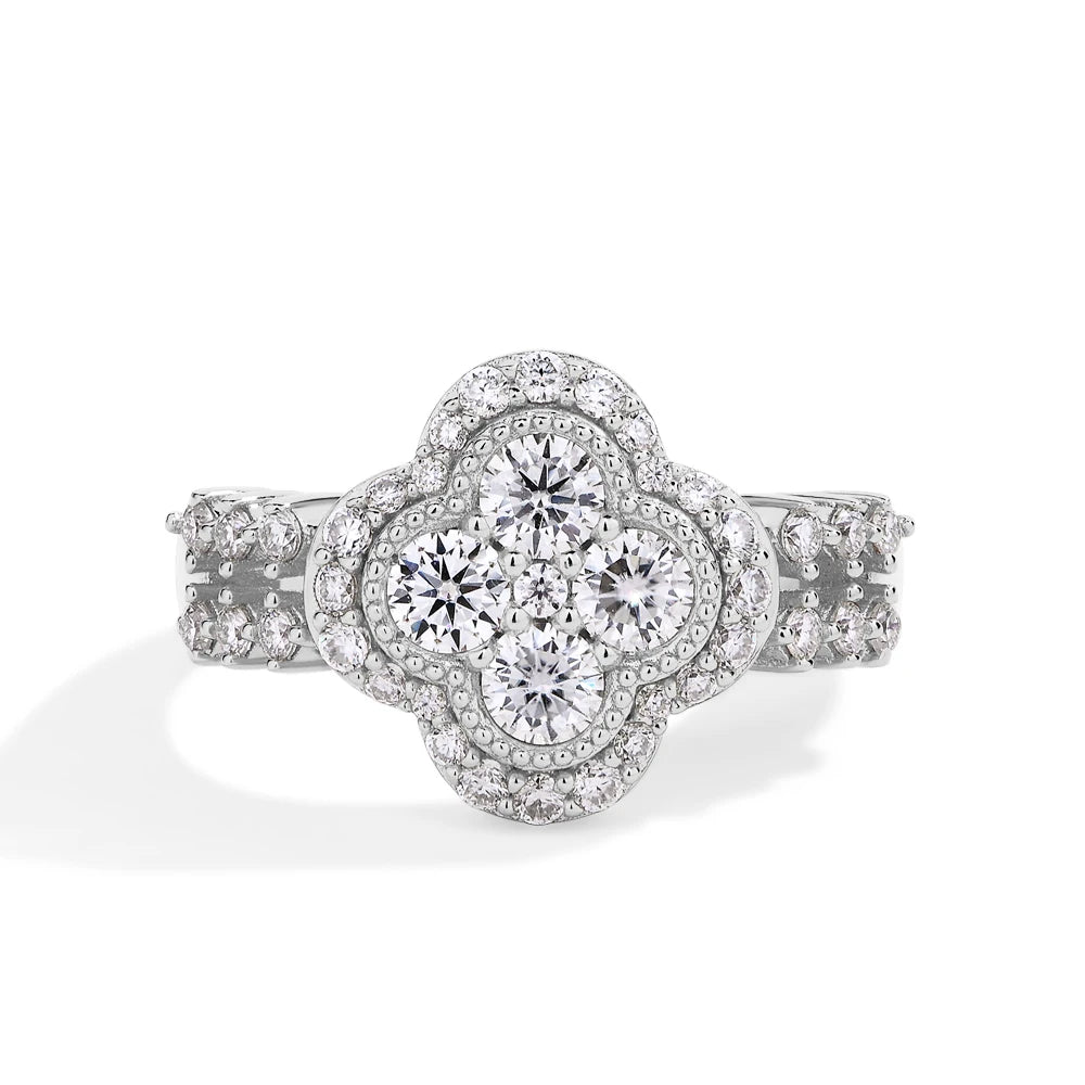 MINTYBOX Moissanit 18k Weißgold plattiert Diamantring für Damen S925 Sterling Silber Verlobung Hochzeit Edelschmuck Vierblättrig