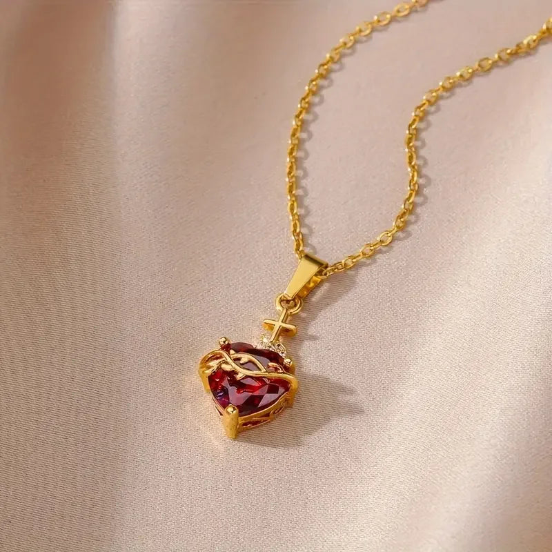 Romantic Wedding Heart Cubic Zirconia Necklace For Women Elegant Cute Gold Color Stainless Steel Necklaces Jewelry Birthday Gift