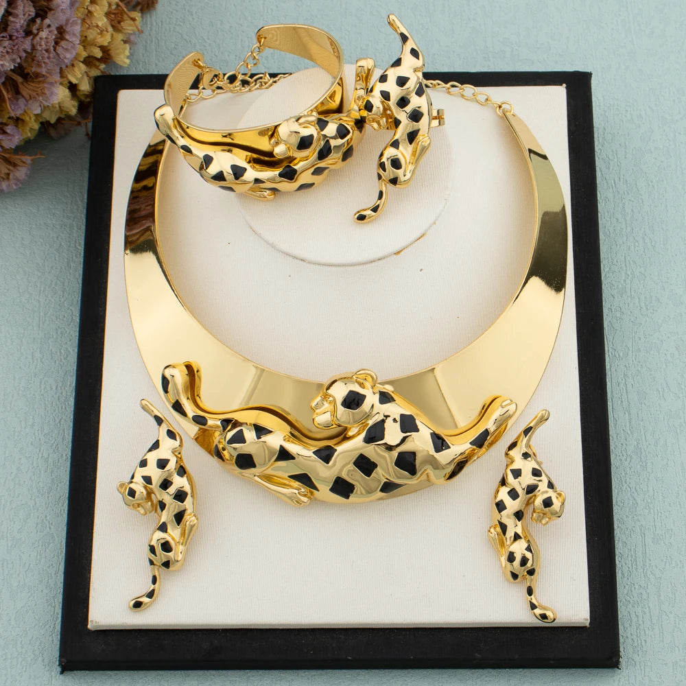 Damen Schmuckset Afrikanische Mode Leopard Halskette Ohrringe 18K vergoldet Tierform Armband Ring Kupfer Dubai Schmuck Geschenk