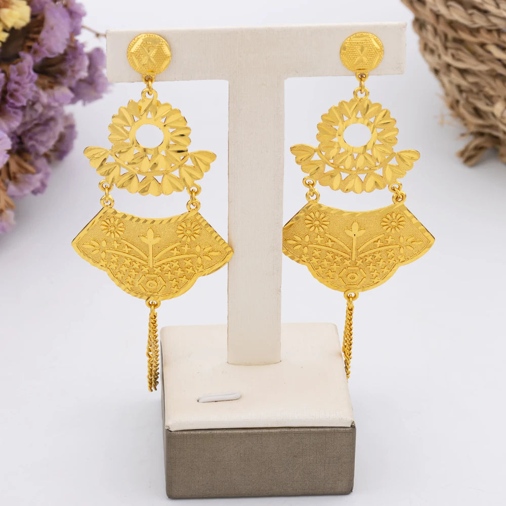 Äthiopien Vergoldete Halskettenkette für Frauen Neues Design Kühne Ohrringe 18k Goldfarbe Dame Elegante Abendparty Schmuck Geschenk