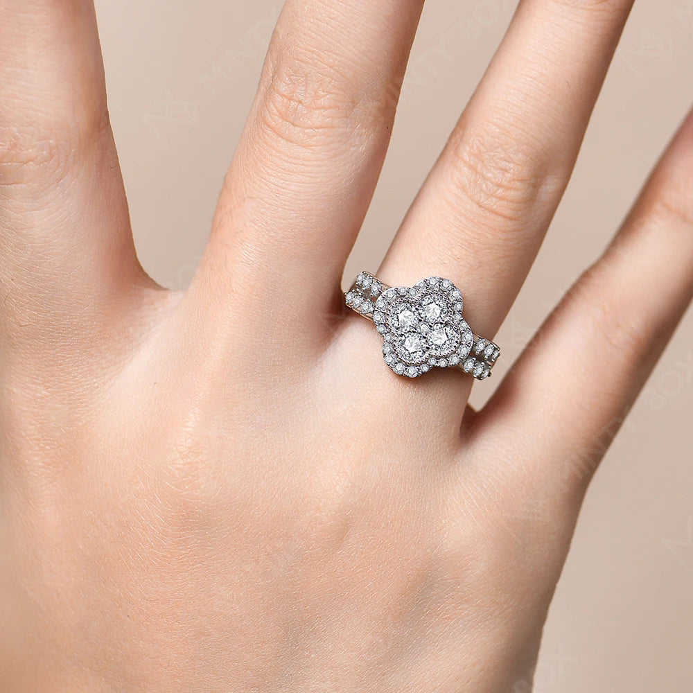 MINTYBOX Moissanit 18k Weißgold plattiert Diamantring für Damen S925 Sterling Silber Verlobung Hochzeit Edelschmuck Vierblättrig