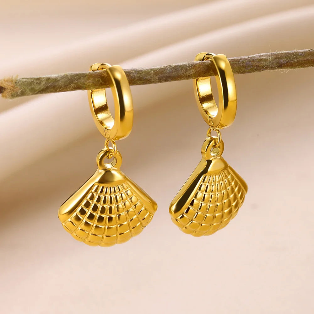 Vintage Seestern Muschel Creolen für Damen Goldfarben Edelstahl Ozean Muschel Ohrring Wasserdichter Hochzeitsschmuck Geschenk