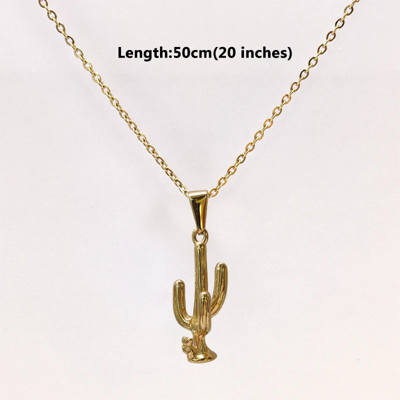 Collar con colgante de cactus de acero inoxidable bañado en oro de moda para hombres y mujeres - No se decolora, regalo ideal, joyería de moda