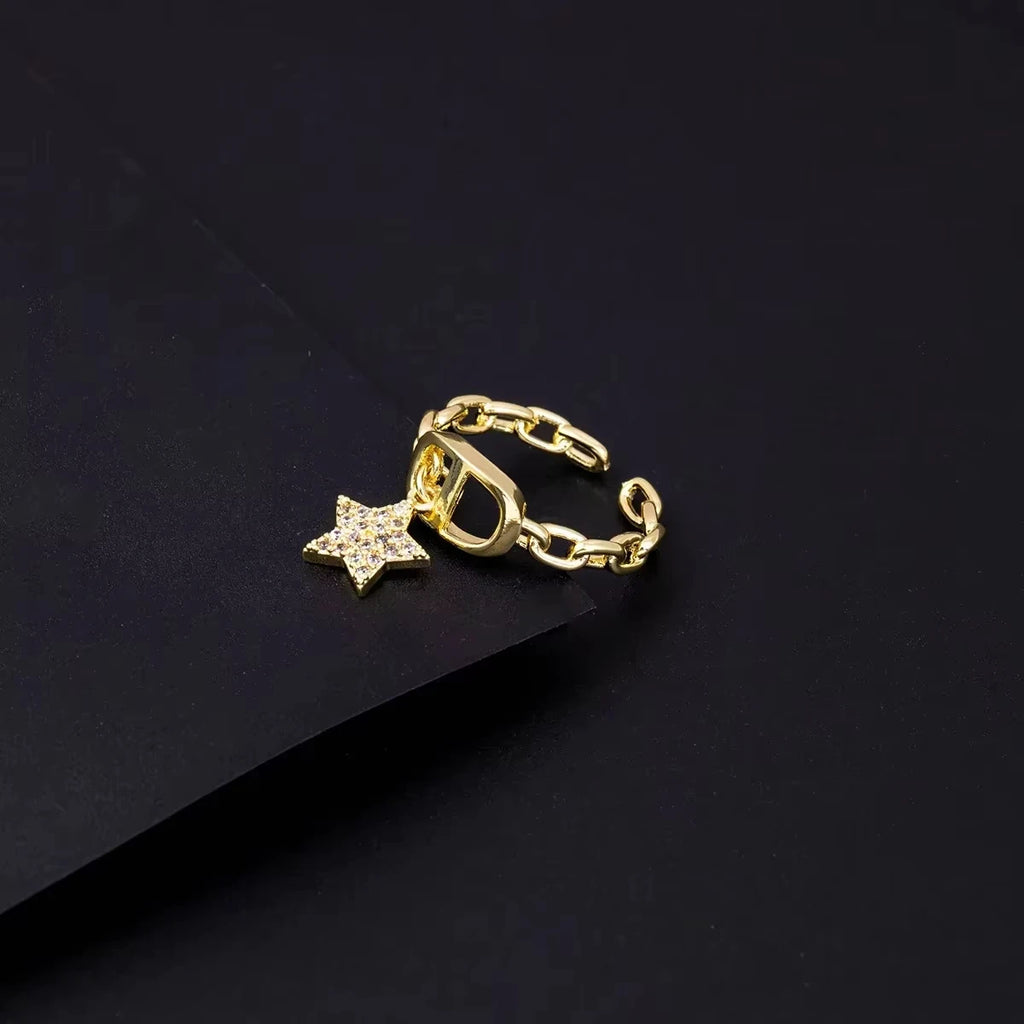 Stern Diamant Buchstaben CD Ring Nische Design Anhänger Trendiger Alltag Vielseitiger Damenring Neu Offener Verstellbarer Ring