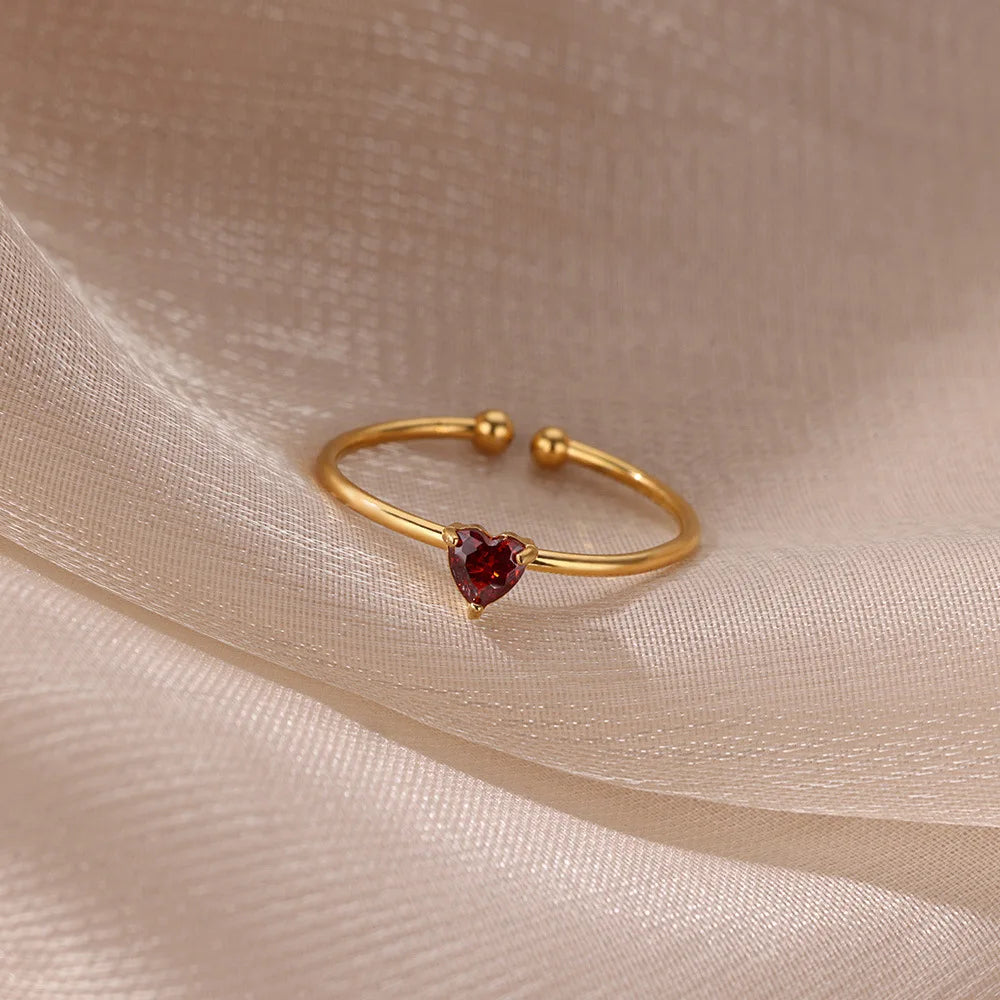 Edelstahl Geburtsstein Offene Ringe für Frauen Mode 12-farbiger Kristall Zirkon Herz Ring Geburtstag Ästhetischer Schmuck Geschenk