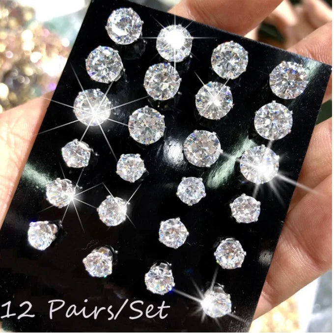 12 Paar Zirkonia-Ohrringe Set, brillante, glänzende Ohrstecker für Frauen, schlichter Perlen-Unregelmäßiger Trendy Schmuck Zubehör 2024 Neu