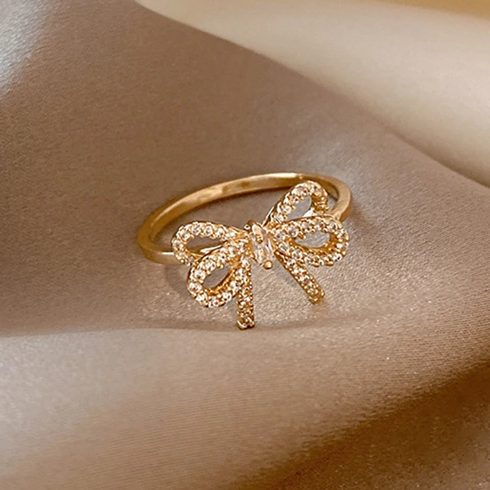 Yupsk Korean Fashion Micropaved Crystal Zirconia Bow Ring for Women Girls Exquisite Ins Trendy Minimalist Finger Rings Jewelry