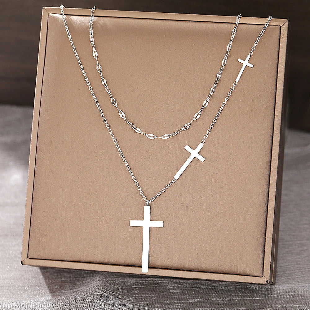 DOTIFI Stainless Steel Necklaces Cross Pendant Choker Double Stacked Wear Light Luxury Fine Necklace For Women Jewelry