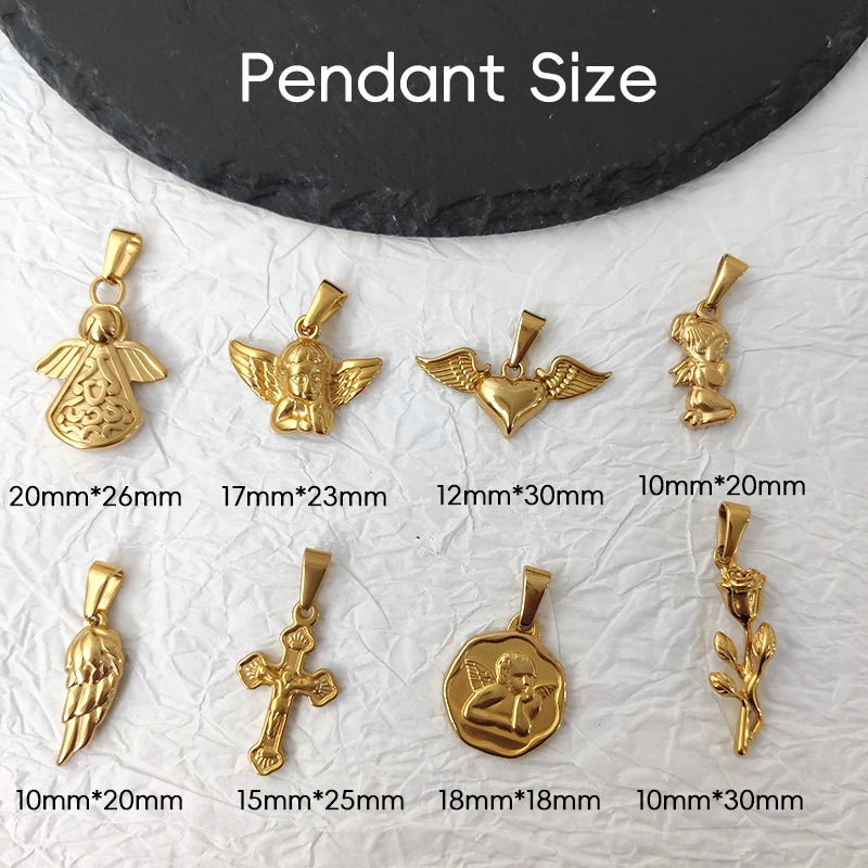 Colgante Sin Deslustre Cruz de Ángel Corazón de Acero Inoxidable Chapado en Oro Vintage para Mujer, Fabricación de Joyas para Collares
