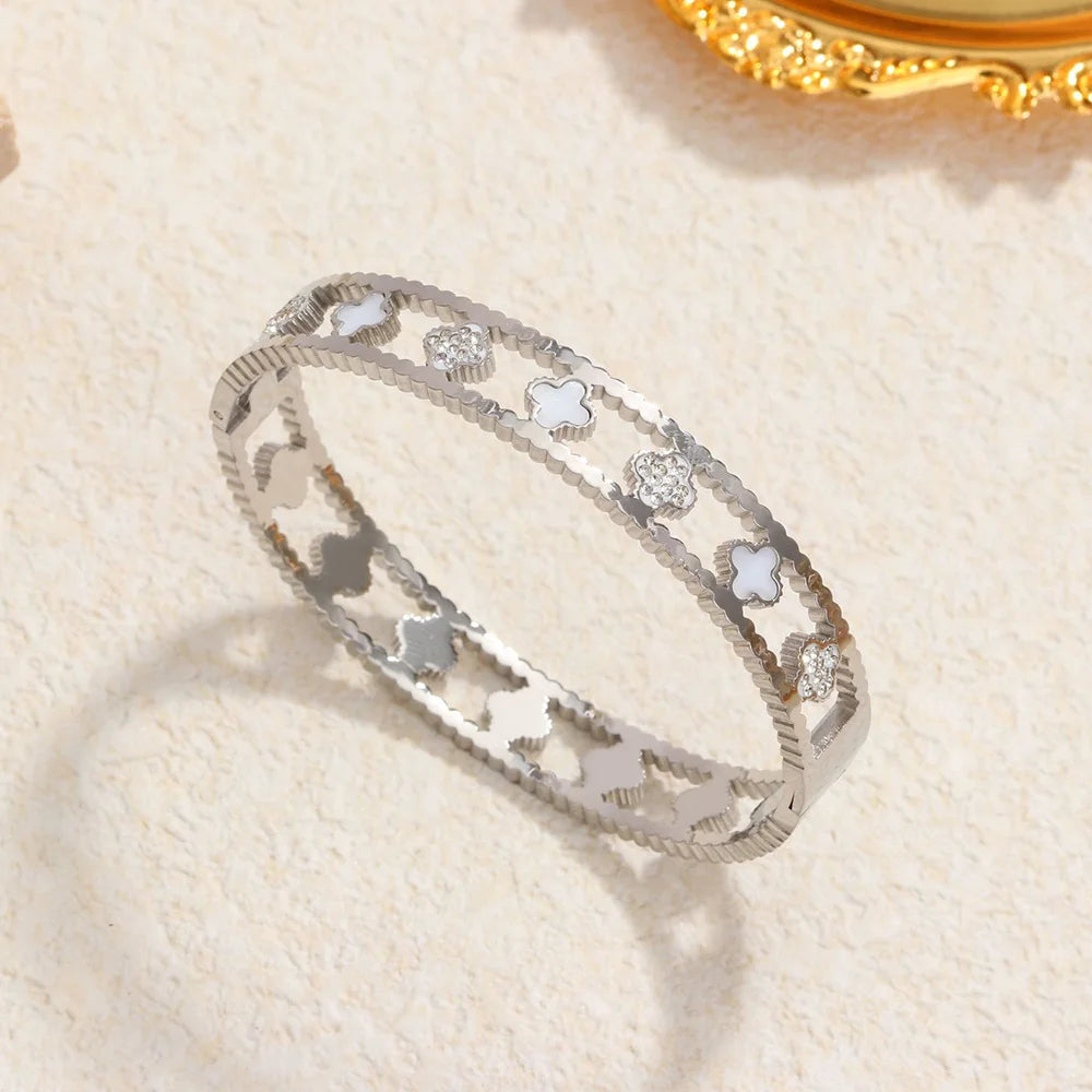Klassisches Edelstahl-Zirkon-Emaille-Damenarmband, hochwertiges wasserdichtes Metallarmband, Hochzeitspartyschmuck
