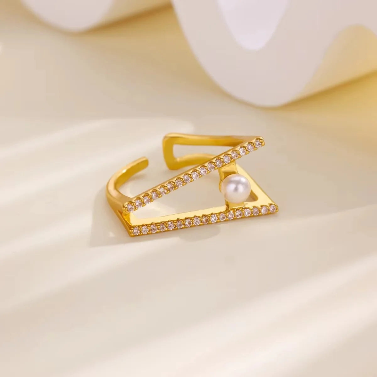 Zirkon-Ketten-Kreuzringe für Damen Vintage Goldfarbe Edelstahl Geometrischer offener Ring Mode Hochzeit Ästhetischer Schmuck Geschenk