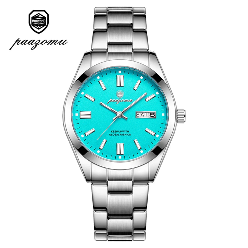 PAAZOMU Reloj de Pulsera para Hombre de Lujo, Resistente al Agua, de Acero Inoxidable, con Fecha Luminosa, Semana, Moda, Negocios, Cuarzo, Relojes de Hombre