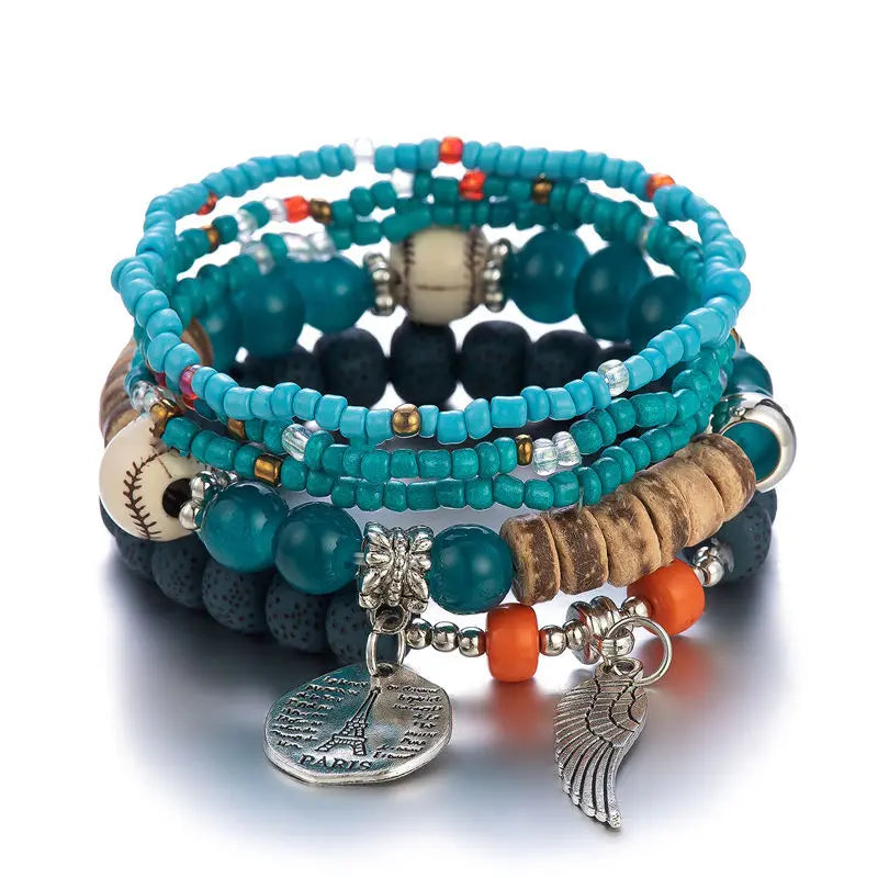 Boho Lebensbaum-Armband-Set für Frauen, modische Quasten, Charms, Holzperlen, elastische Kette, Armreif, trendiger Party-Schmuck für Mädchen