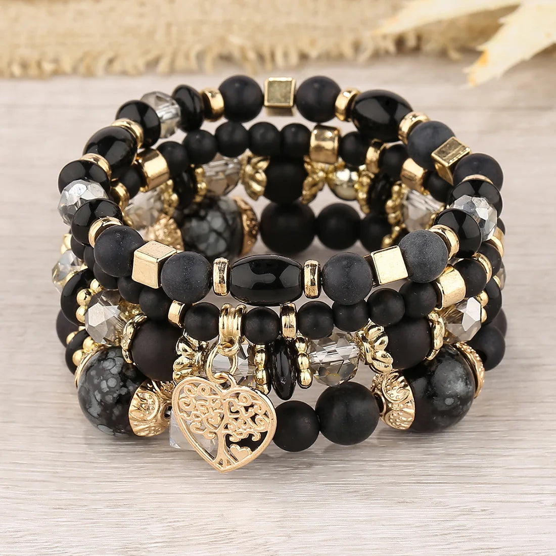 4 Stück Lebensbaum Herz Armband Set Für Frauen Acryl Glasperlen Kette Elastisches Armband Weibliche Mode Party Schmuck