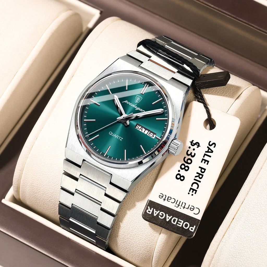 POEDAGAR Reloj de lujo para mujer, impermeable, luminoso, a la moda, de cuarzo, para señora, con fecha, día de la semana, de acero inoxidable, Reloj