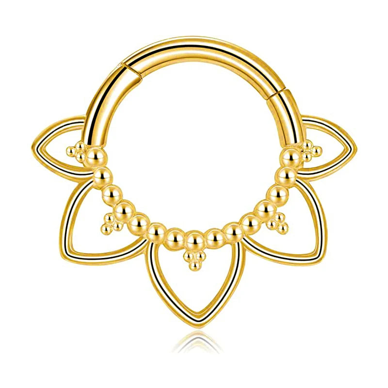 Anillo de nariz con flores, tabique, 100 % acero quirúrgico 316L, circonita, clicker, perforación Daith, cartílago de oreja, aro Helix, flores, gotas de agua