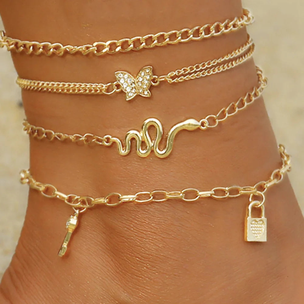 Neues Sommer Muschel Fußkettchen Set für Damen Pailletten Strand Fußkette Goldfarbene Bein Kette am Fuß Weiblicher Böhmischer Schmuck