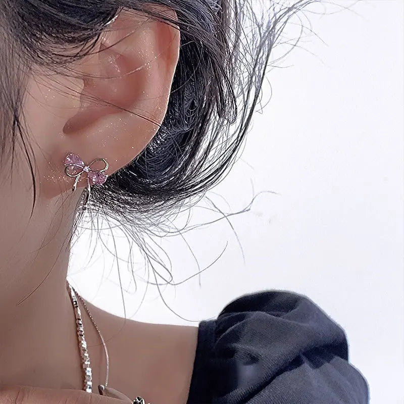 925er Sterling Silber Schleife Rosa Zirkon Ohrstecker für Damen Hochzeit Luxus Schmuck Großhandel 2024 Trend Schmuck 925 Geld