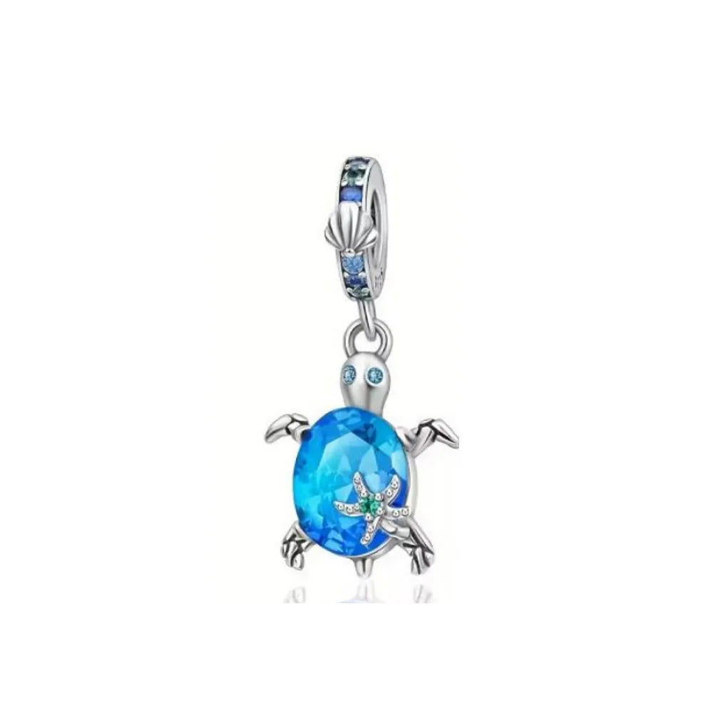 Europäische Sommer Blaue Serie Schildkrötenblumen-Anhänger Passend für S925 Europäisches 925 Sterling Silber Armband Armreifen Halskette