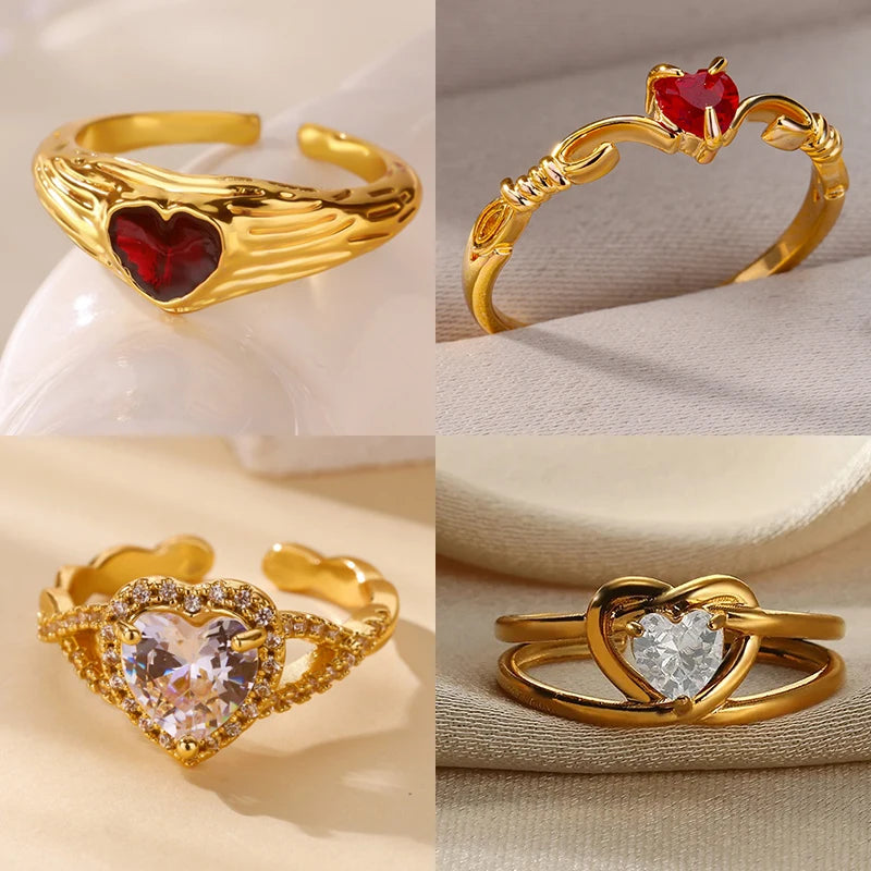Punk Rote Zirkon Herzringe für Frauen Edelstahl Goldfarbe Günstiger Offener Ring 2025 Neue Mode Hochzeit Paar Schmuck Geschenk