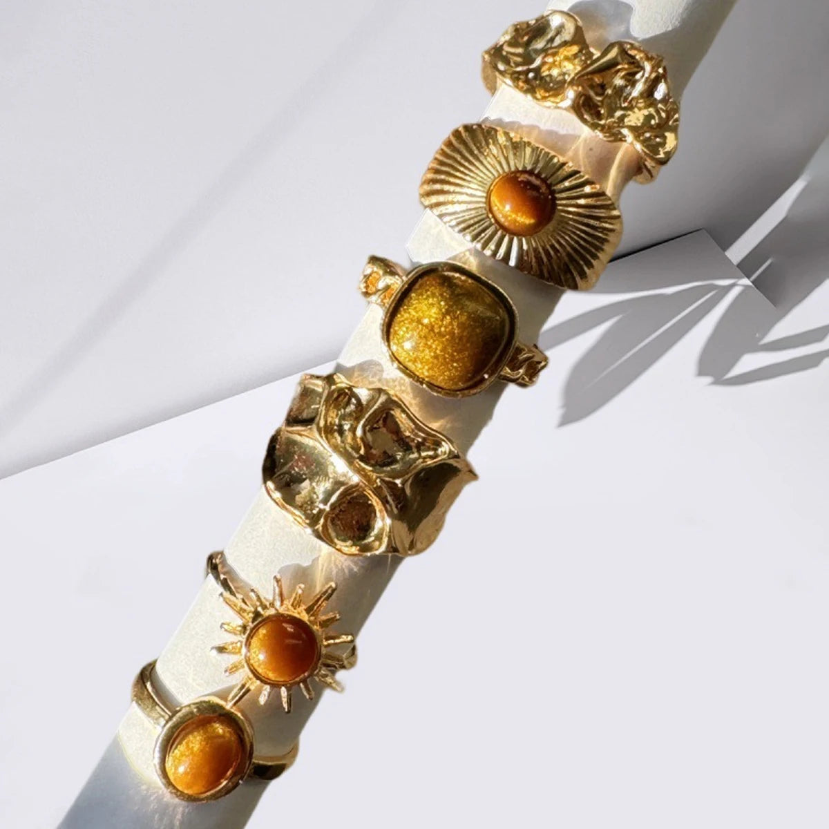 6 Stück Sonnenblumen-Tigerauge-Steinring-Set für Damen, Vintage unregelmäßige goldfarbene ästhetische offene Ringe, Mode-Party-Schmuckgeschenke
