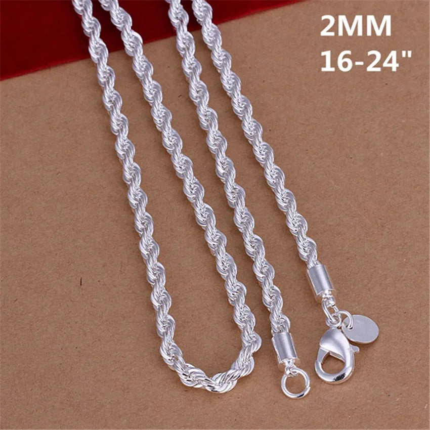 16-24 pulgadas para mujeres y hombres Hermoso collar de cadena de cuerda de 4 mm de plata esterlina 925 de moda Ajuste para colgante Joyería de alta calidad