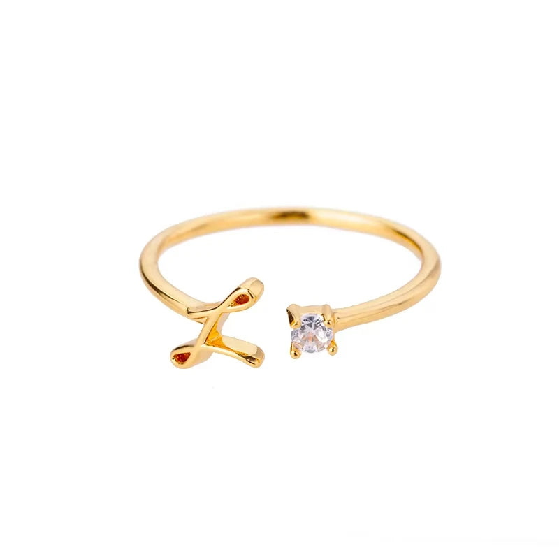 A-Z Anfangsbuchstabe Offene Ringe für Damen Edelstahl Goldfarbe Zirkon Verstellbarer Ring Trendiger Paar-Hochzeitsschmuck Geschenk