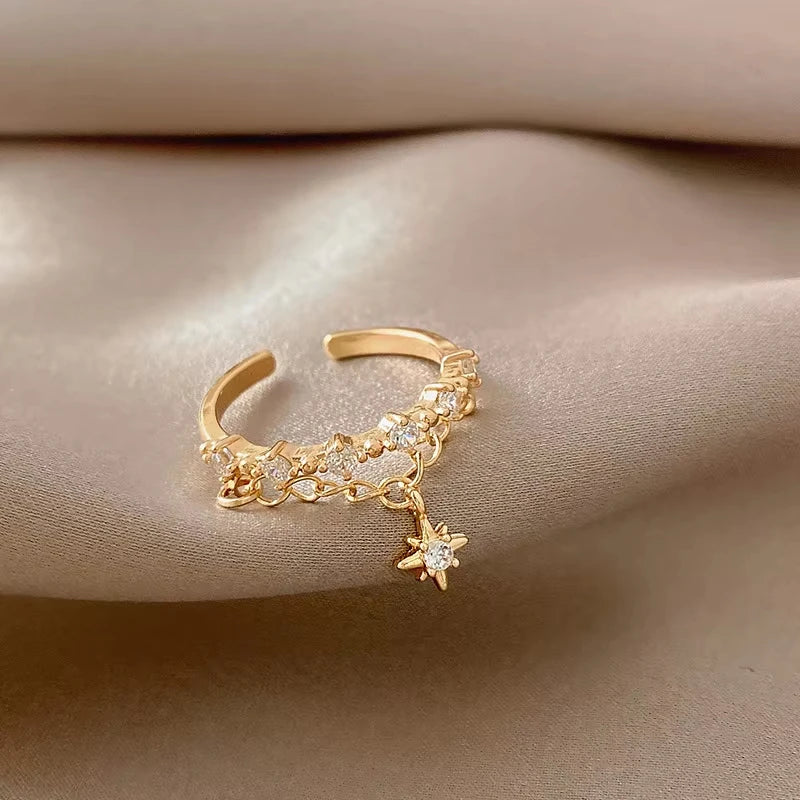 Glänzender Strass Goldfarben Kette Stern Anhänger Offene Ringe Koreanischer Stil Damen Mode Schmuck Hochzeit Party Mädchen Trendiger Ring