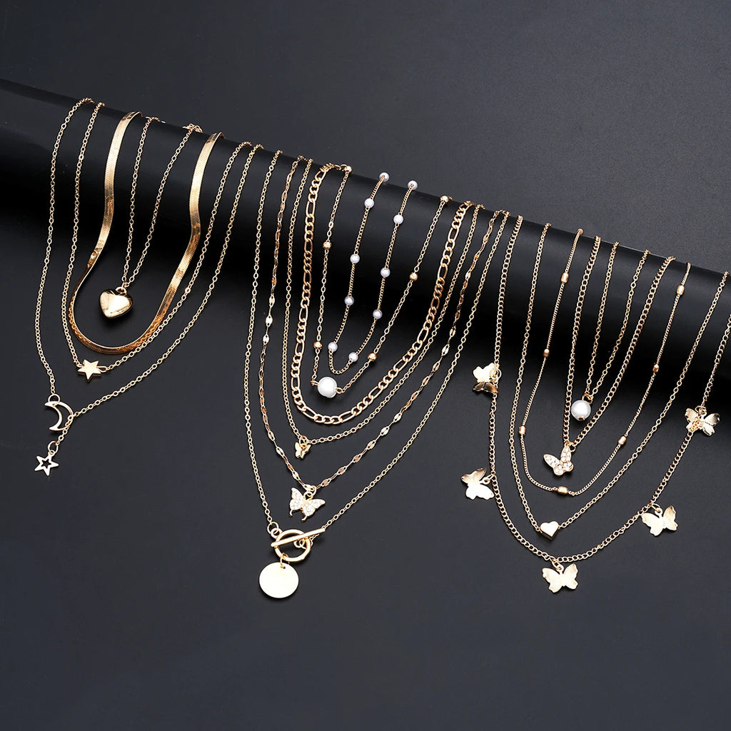 Simple Stackable Necklaces Set for Women Fashion Butterfly Heart Star Pearl Moon Pendant Necklaces Boho Jewelry Gifts 2025