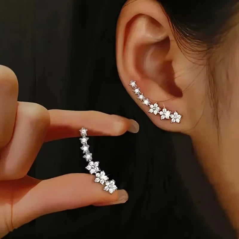 Mode Silberfarbe Zirkon Blume Stern Ohrstecker für Frauen Einfache Metall Piercing Kletter Ohrringe Schmuck Zubehör