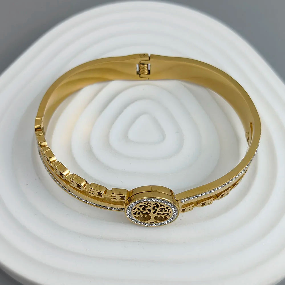 Neues Armband „Baum des Lebens“ mit Hufeisen-Zirkon, vergoldeter Edelstahl 18K, hochwertiges wasserdichtes Partnerarmband, Frauengeschenk