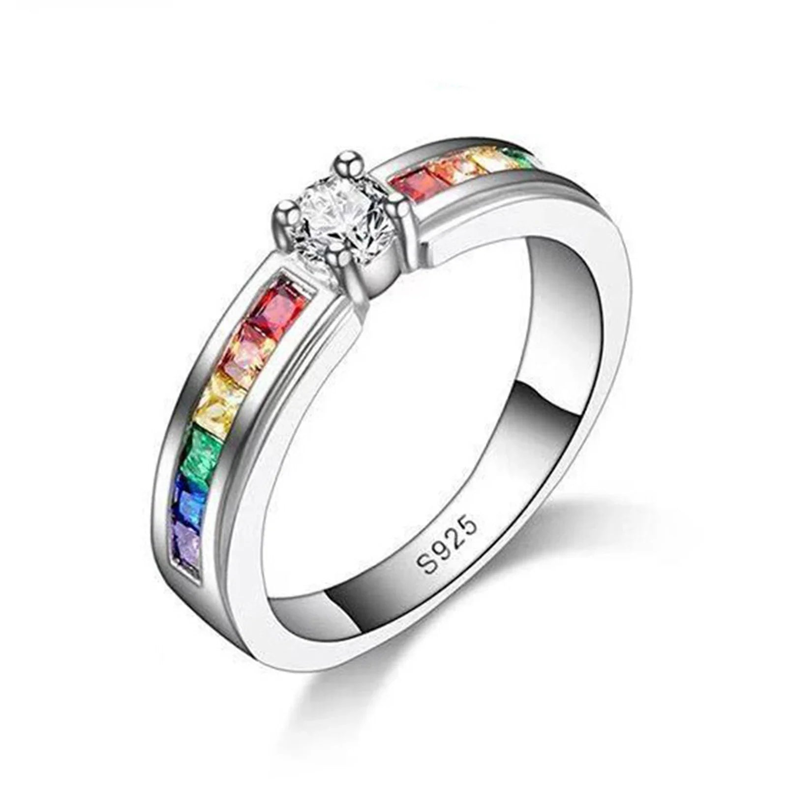 Echte 100% 925 Sterling Silber Regenbogen Zirkonia Ringe für Frauen Hochzeit Liebenswerter Verlobungsantrag Ring Accessoire
