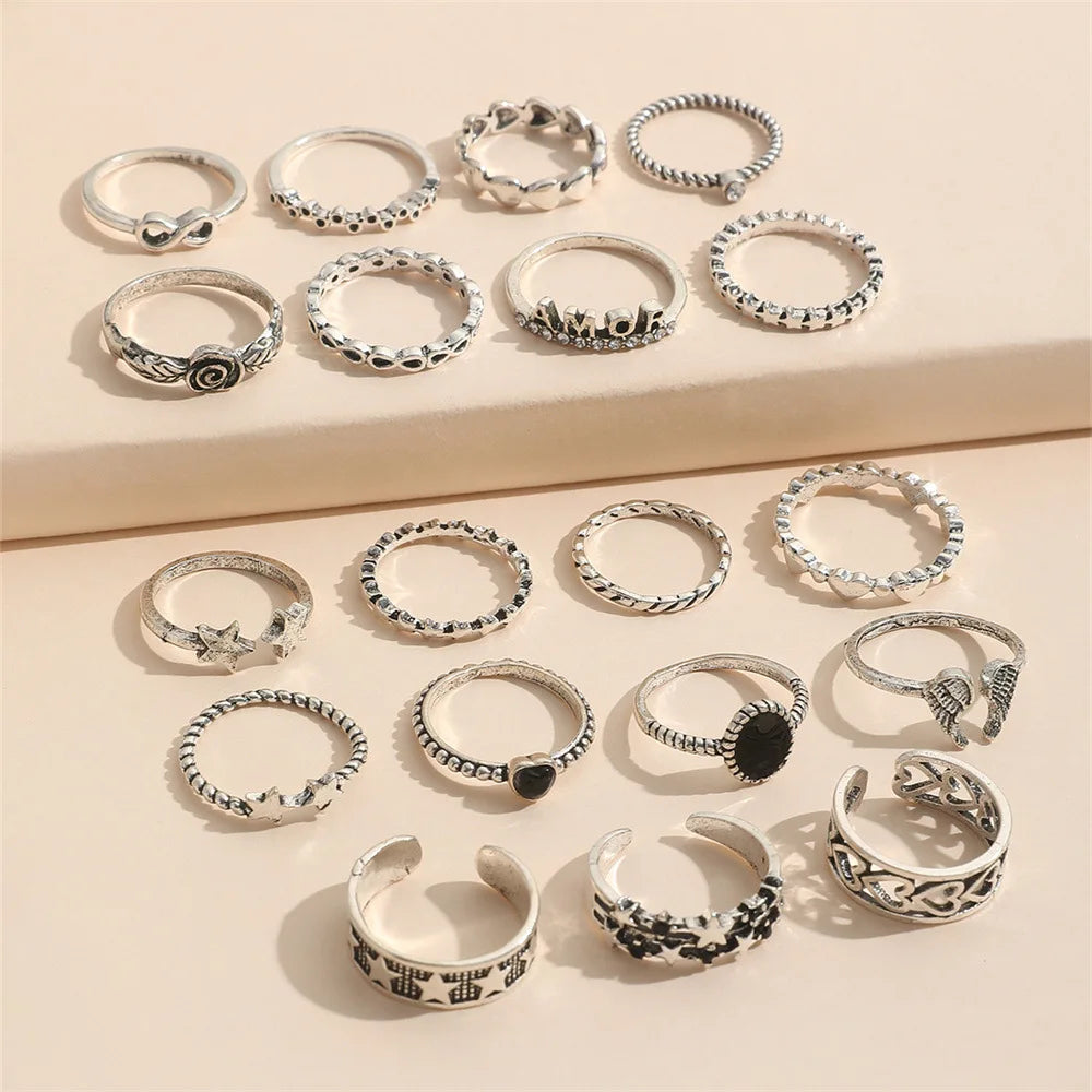 19 Teile Retro Punk Fingerring Set für Frauen Vintage Herz Flügel Stern Gothic Ring Damen Mode Schmuck Accessoires