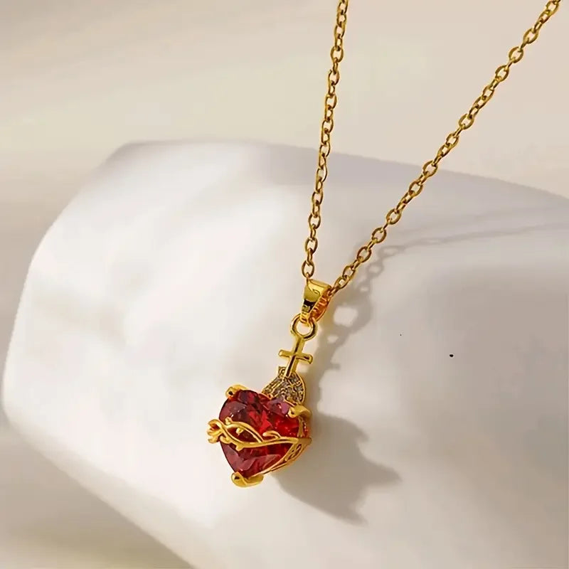 Romantic Wedding Heart Cubic Zirconia Necklace For Women Elegant Cute Gold Color Stainless Steel Necklaces Jewelry Birthday Gift