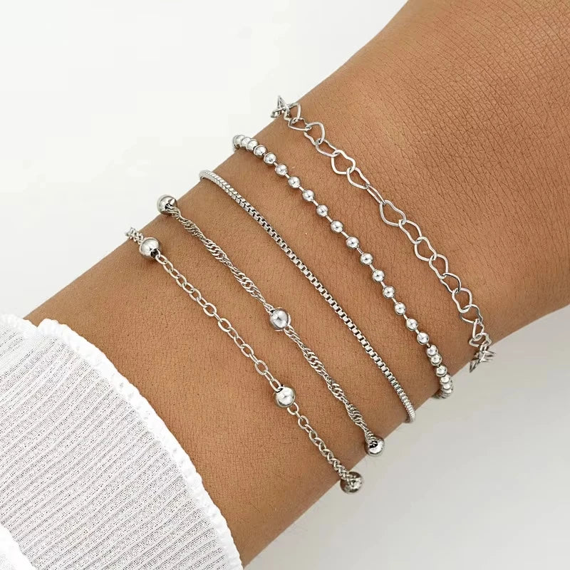 5-teiliges Set, silberfarbene Kettenperlenarmbänder für Damen, schlichter, eleganter Urlaub, Strandparty, Freizeit-Schmuck, vielseitig für den Alltag