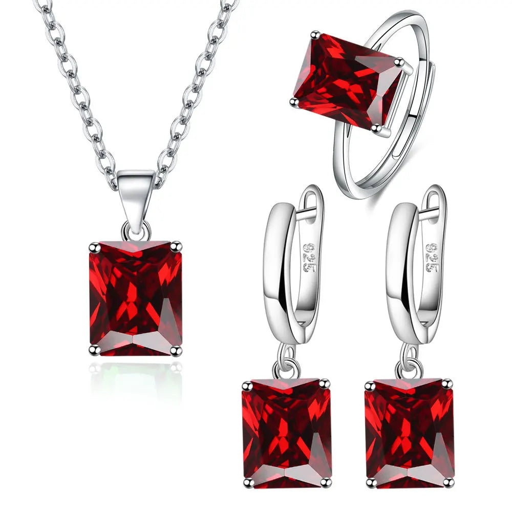 925er Sterlingsilber Elegante Schmucksets Ring Ohrringe Halskette für Damen Rechteck Geometrie Zirkon Hochzeit Accessoires