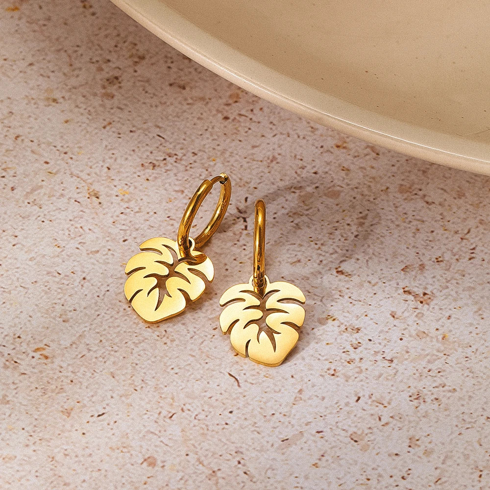 Edelstahl Ohrringe Bohemian Tropische Pflanzen Blätter Anhänger Retro Glänzende Ästhetische Creolen Für Frauen Schmuck Mädchen Neu