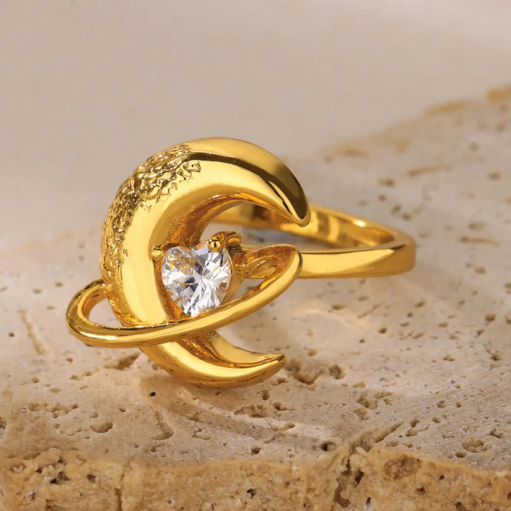 Goldfarbene Edelstahl Geometrische Ringe für Frauen Zirkon Herz Sonne Mond Offener Ring Mode Ästhetischer Schmuck Hochzeitsgeschenk