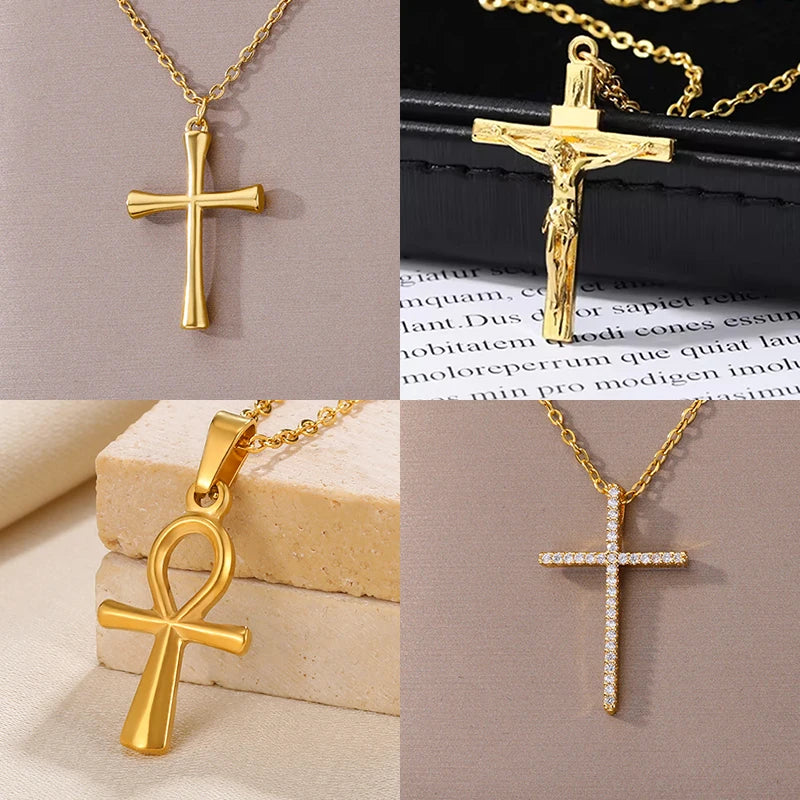 Cross Goddess Pendant Necklace for Women Stainless Steel 316L Gold Color Necklace 2025 New Party Jewelry Aesthetic Accessories