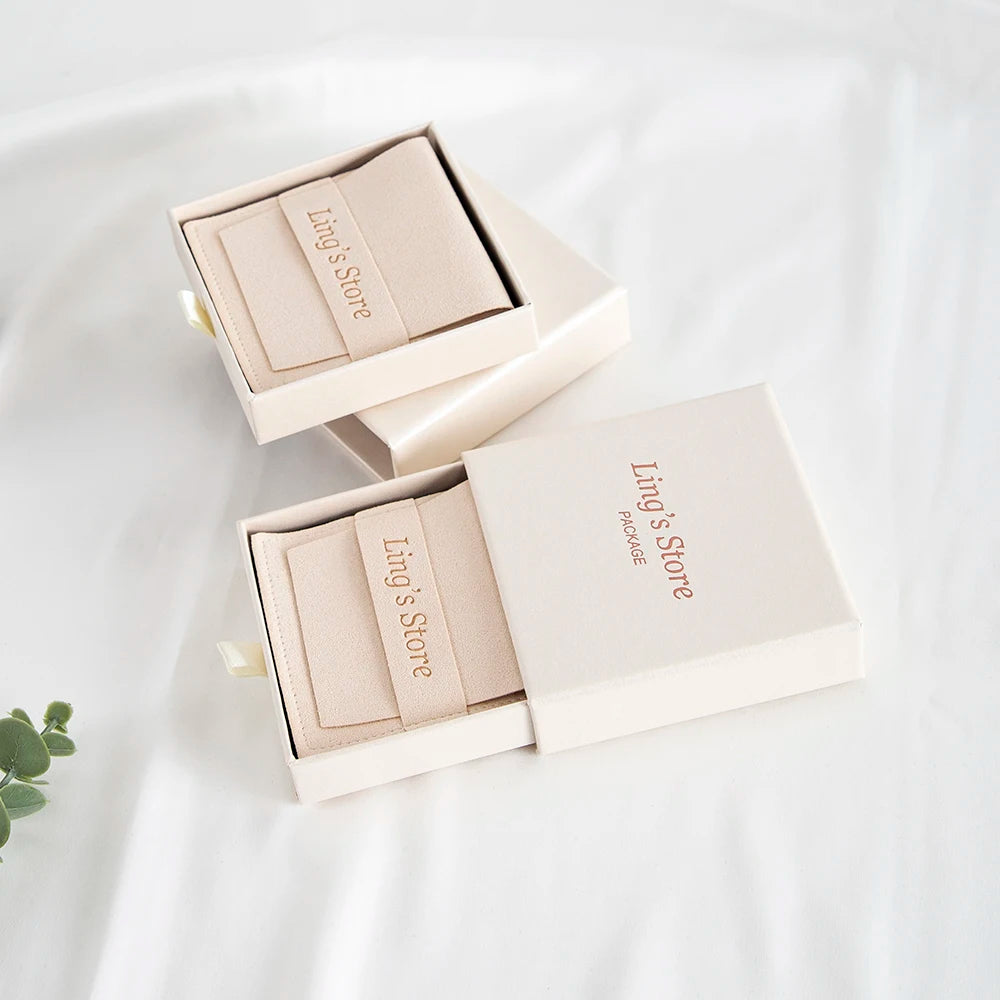 24/50/100Sets Custom Logo 9x9x2.5cm Jewelry Drawer Box 8x8cm Microfiber Strip Bags Can Debossed Logo For Earrings Rings Necklace