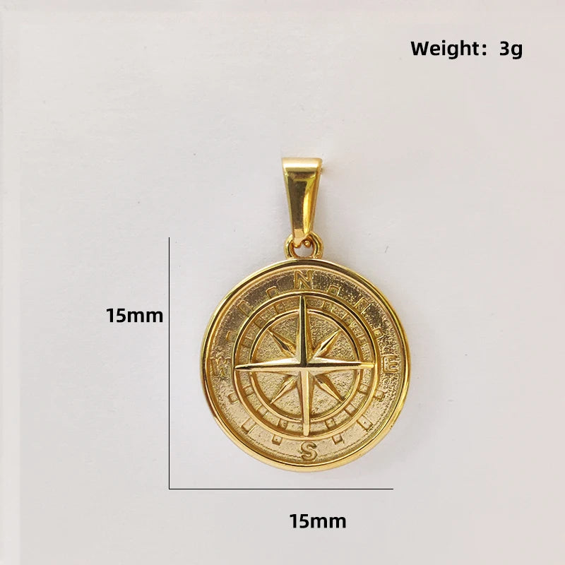 Collar con colgante de brújula de acero inoxidable chapado en oro de 18 quilates - Diseño de moneda redonda para hombres y mujeres, regalo de joyería unisex impermeable