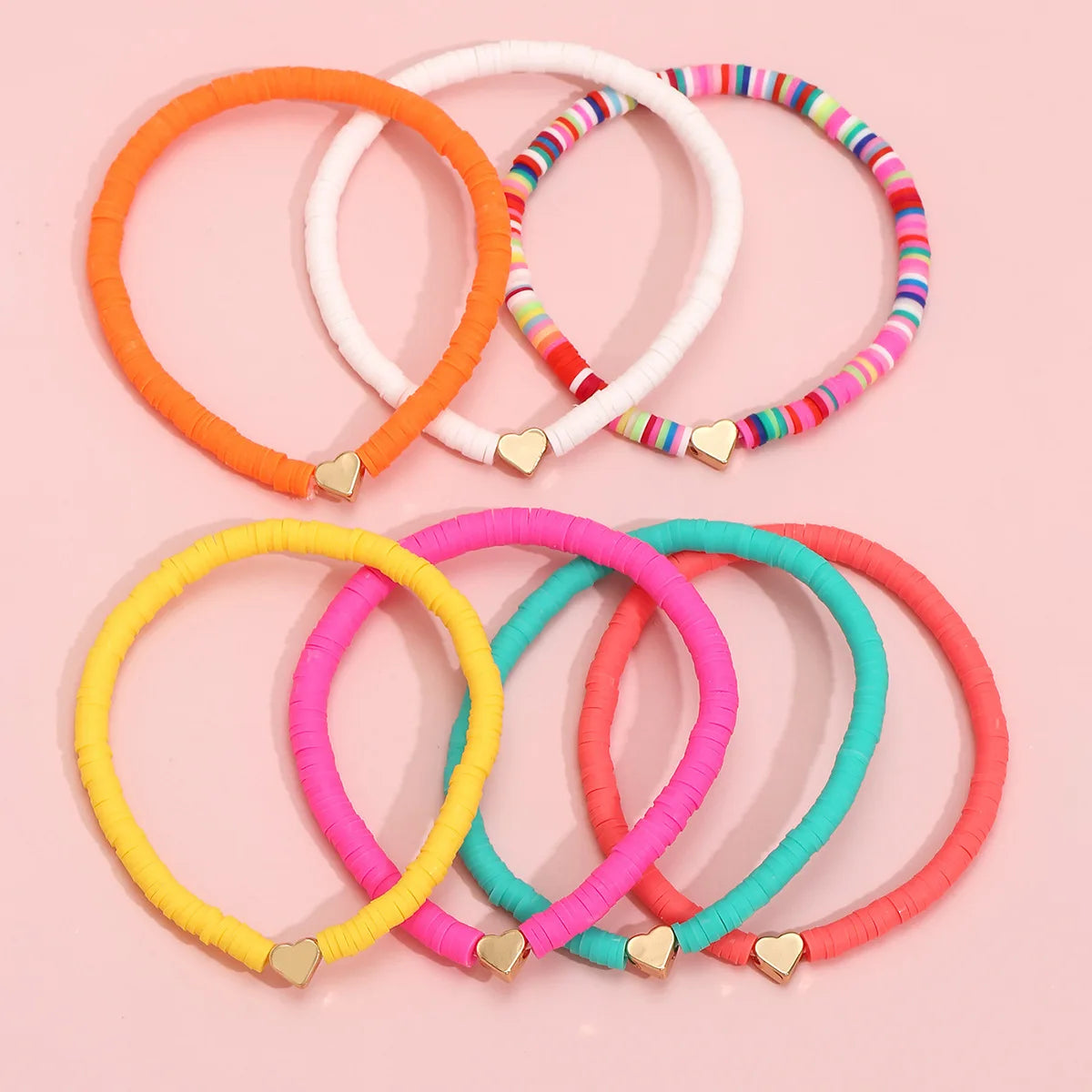 7 Stück buntes Stapel-Fußkettchen-Set für Damen mit Herz-Anhänger, aus weichem Ton, Layering-Fußkettchen, Mädchen, Sommer-Strandschmuck