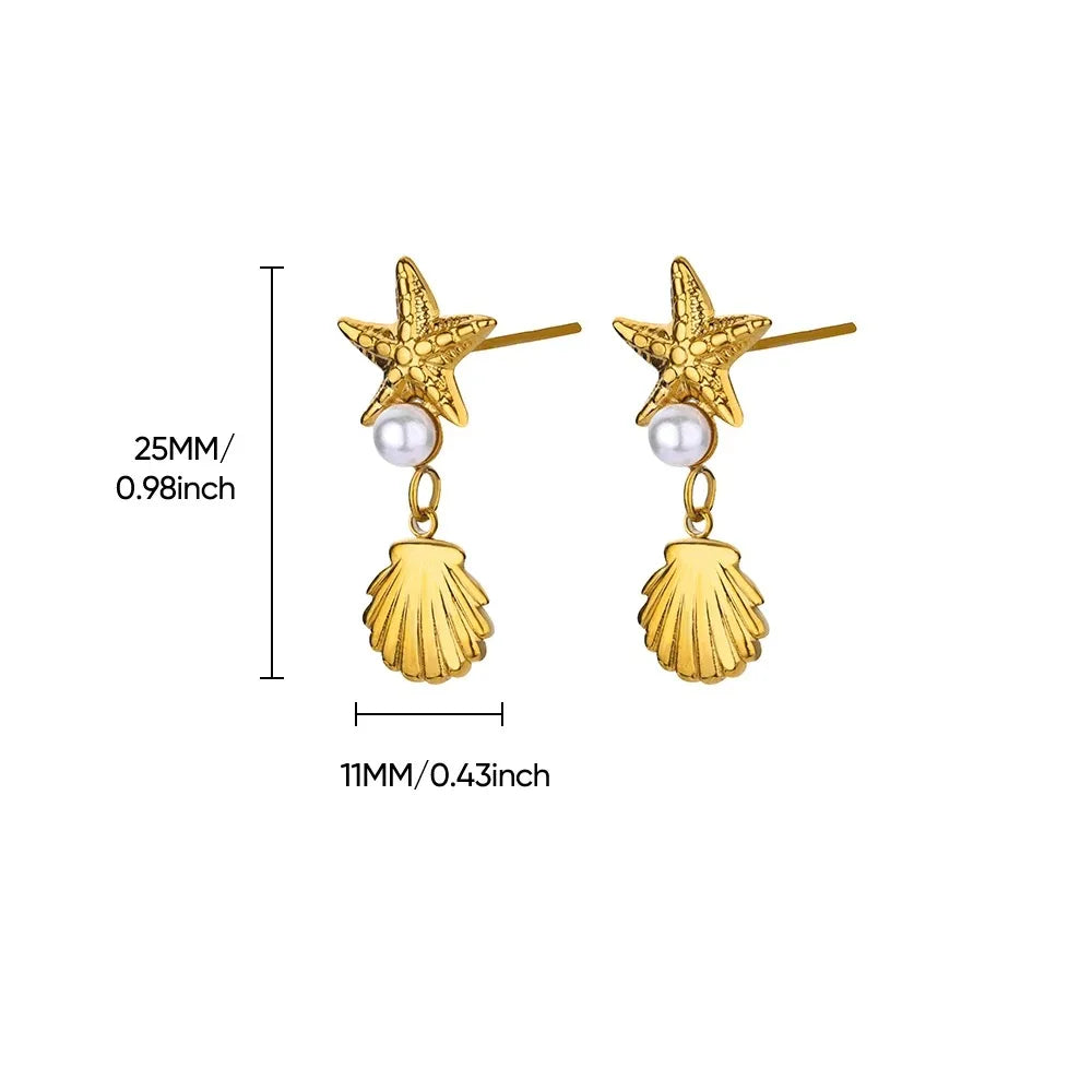 Pendientes de acero inoxidable con forma de estrella de mar vintage para mujer, aretes sencillos con forma de concha de estrella, joyería de fiesta oceánica, regalo 2025