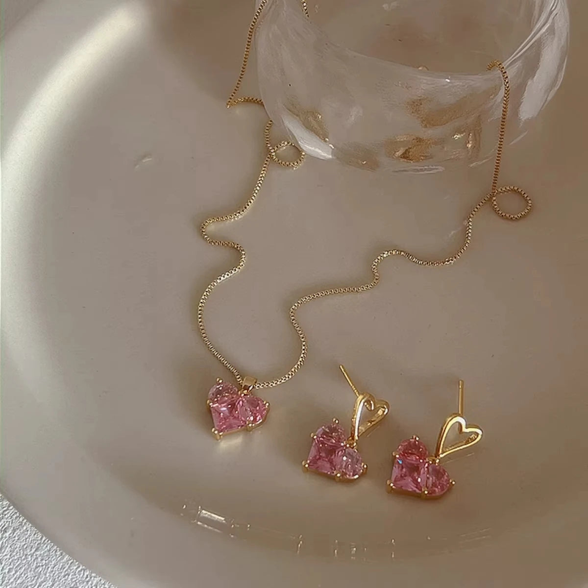 3tlg. Trendiges Y2K Herzförmiges Zirkon Rosa Kristall Anhänger Ohrringe Halsketten Set für Frauen Herz Elegant Exquisiter Party Schmuck