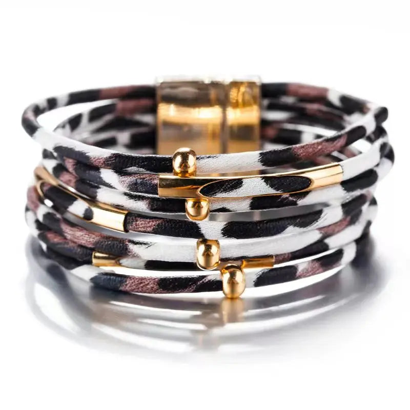 Vintage Metallröhre Leopard Leder Armband für Frauen Männer Boho Mehrschicht Wickel Breites Armband Anhänger Schmuck